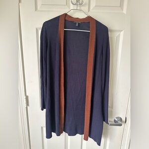 EILEEN FISHER Navy with Brown Trim Open Cardigan.